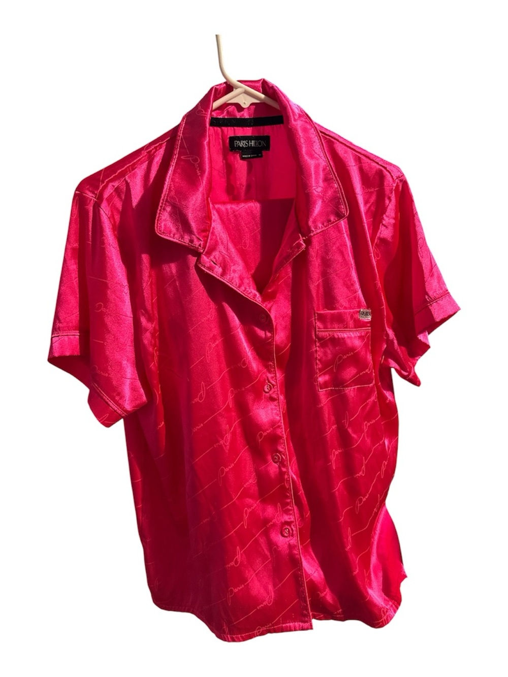 Paris Hilton Hot pink Satin PJ's  Loose fit shirt sleeved Draw string Sz. XL
